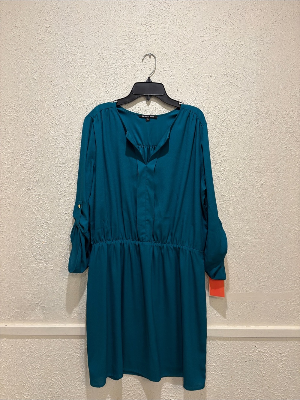 Gianni Bini Teal Long Sleeve V-Neck Waist-Defined Dress